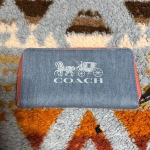 Coach Denim Blue Wallet with Coral Trim